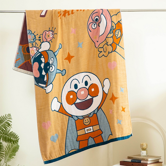 91家纺网 家纺一手货源 找家纺 雯雨家纺 2023新款全棉卡通系列纱布浴巾 面包超人-黄