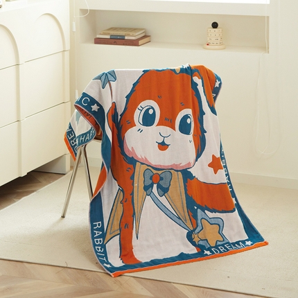 雯雨家纺 2023新款全棉卡通系列纱布浴巾 星空兔-桔