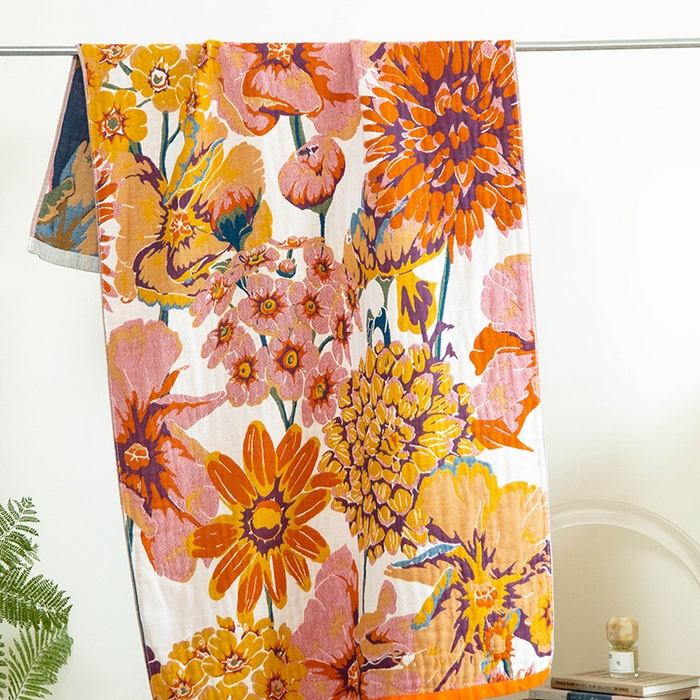 91家纺网 家纺一手货源 找家纺 雯雨家纺 2023新款全棉卡通系列纱布浴巾 郁郁花丛