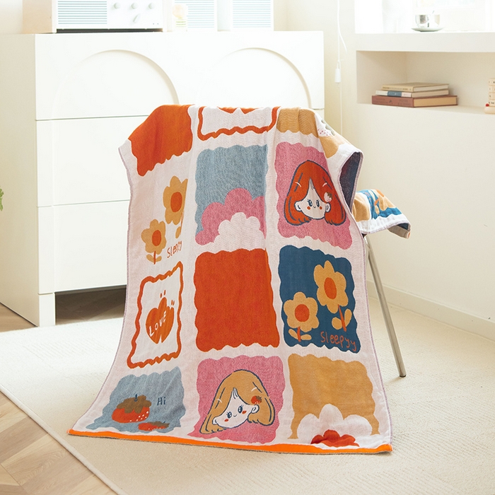 91家纺网 家纺一手货源 找家纺 雯雨家纺 2023新款全棉卡通系列纱布浴巾 草莓女孩