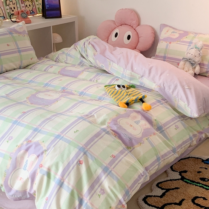 91家纺网 家纺一手货源 找家纺 昔可家纺 2023新款全棉四件套-ins卡通系列 芋泥紫格兔