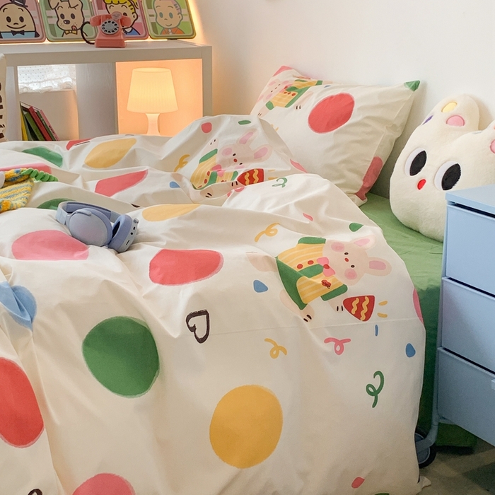 91家纺网 家纺一手货源 找家纺 昔可家纺 2023新款全棉四件套-潮趣系列 彩色波点兔