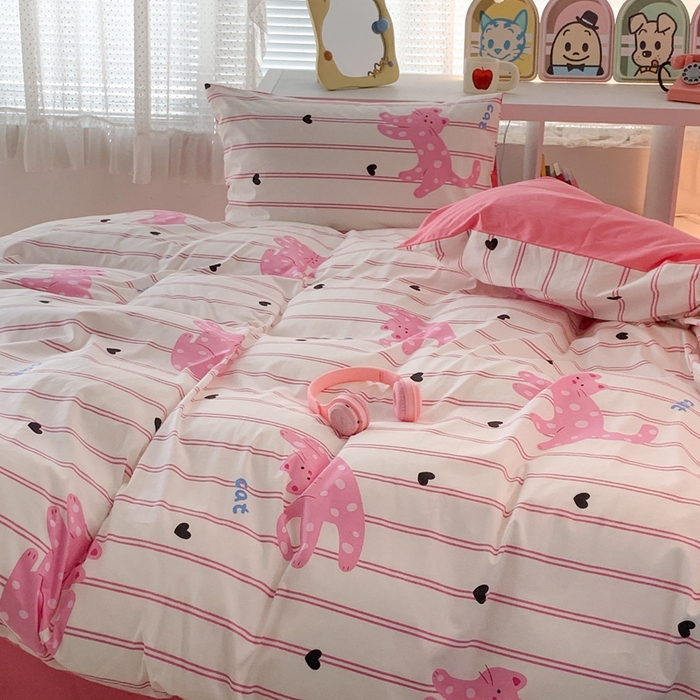 91家纺网 家纺一手货源 找家纺 昔可家纺 2023新款全棉四件套-潮趣系列 粉条爱心猫