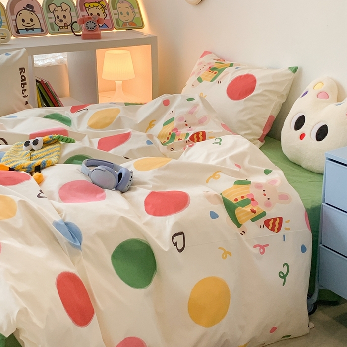 91家纺网 家纺一手货源 找家纺 昔可家纺 2023新款全棉四件套-潮趣系列 彩色波点兔