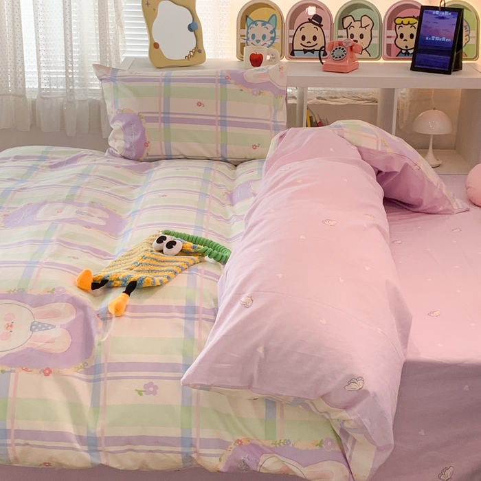 91家纺网 家纺一手货源 找家纺 昔可家纺 2023新款全棉四件套-ins卡通系列 芋泥紫格兔