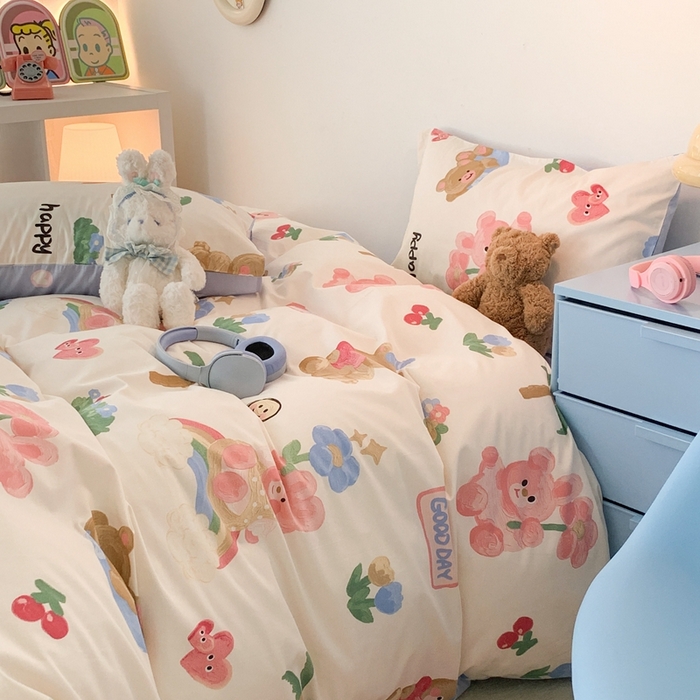 91家纺网 家纺一手货源 找家纺 昔可家纺 2023新款全棉四件套-ins卡通系列 油画熊