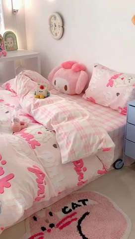 91家纺网 家纺一手货源 找家纺 昔可家纺 2023新款全棉四件套-潮趣系列 粉条爱心猫