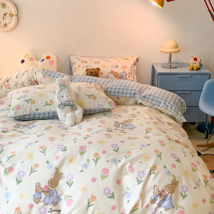 91家纺网 家纺一手货源 找家纺 昔可家纺 2023新款全棉四件套-ins卡通系列 蓝格花兔兔