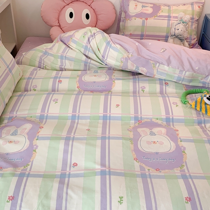 91家纺网 家纺一手货源 找家纺 昔可家纺 2023新款全棉四件套-ins卡通系列 芋泥紫格兔