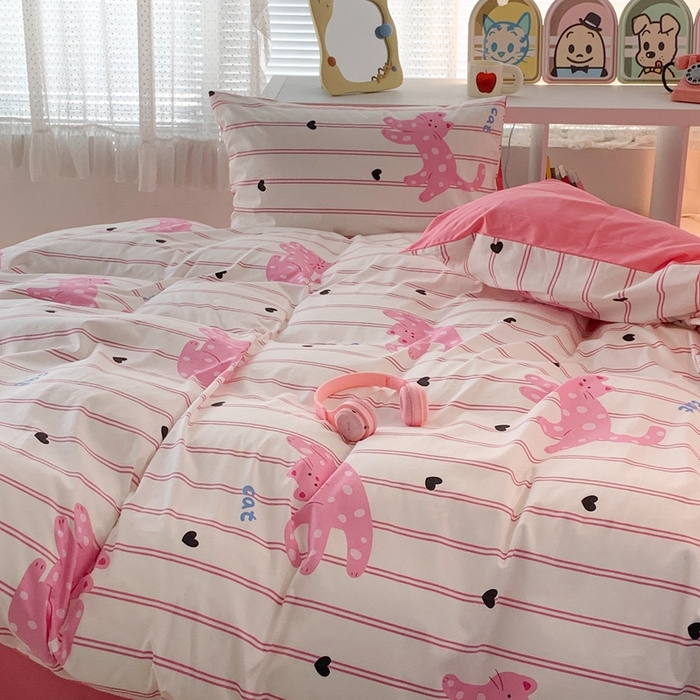 91家纺网 家纺一手货源 找家纺 昔可家纺 2023新款全棉四件套-潮趣系列 粉条爱心猫