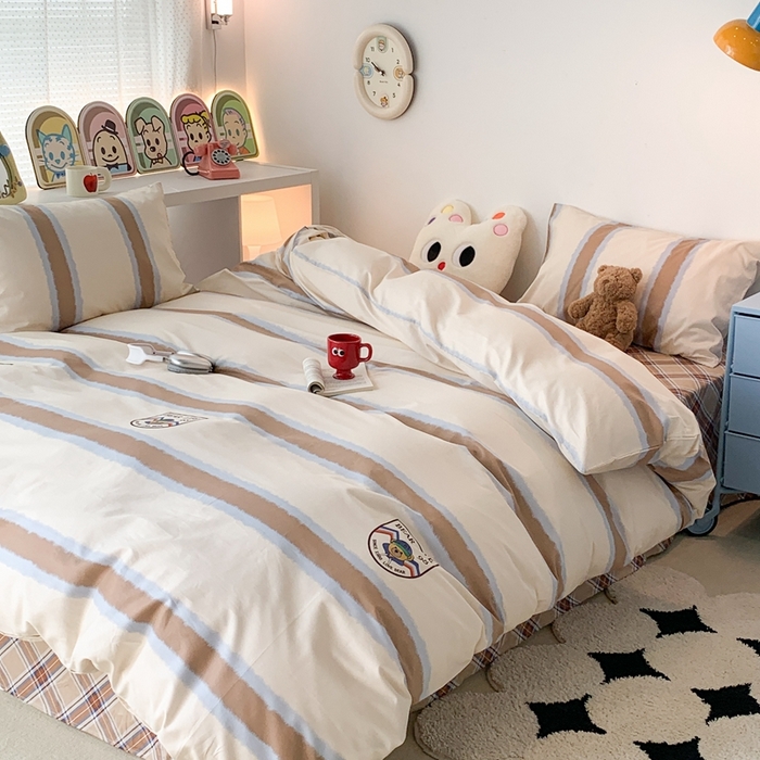 91家纺网 家纺一手货源 找家纺 昔可家纺 2023新款全棉四件套-ins卡通系列 棕条英伦熊