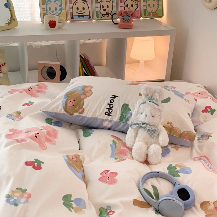 91家纺网 家纺一手货源 找家纺 昔可家纺 2023新款全棉四件套-ins卡通系列 油画熊