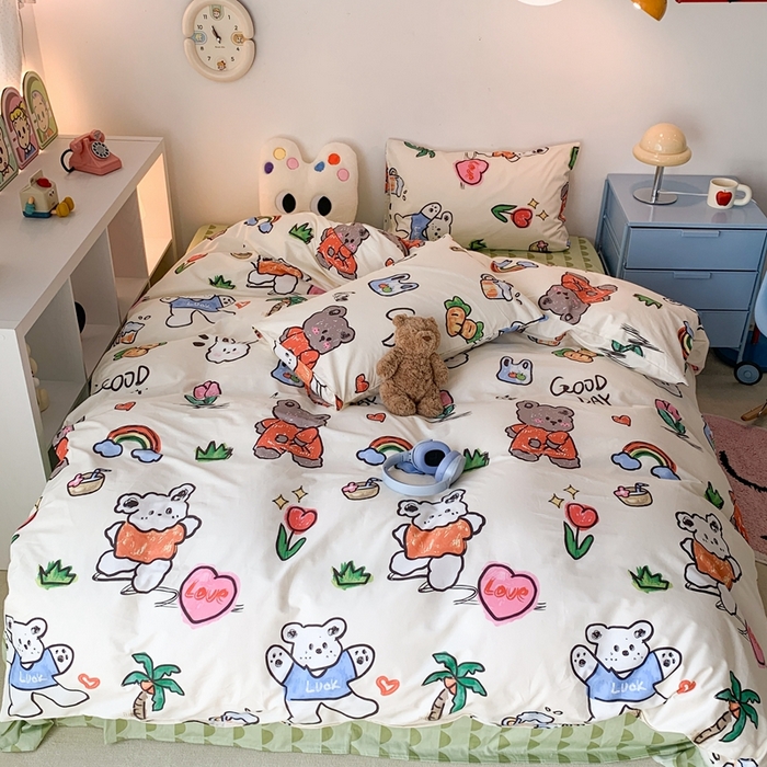 91家纺网 家纺一手货源 找家纺 昔可家纺 2023新款全棉四件套-ins卡通系列 彩虹熊
