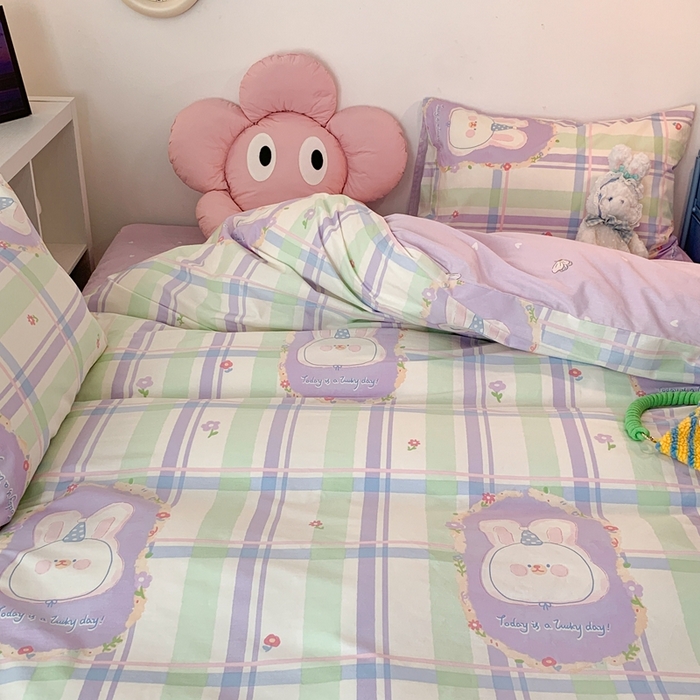 91家纺网 家纺一手货源 找家纺 昔可家纺 2023新款全棉四件套-ins卡通系列 芋泥紫格兔