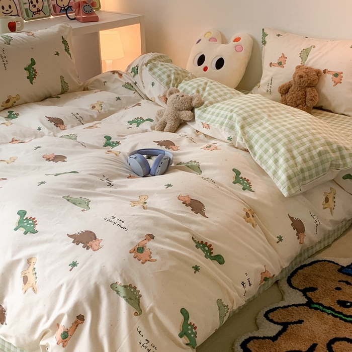 91家纺网 家纺一手货源 找家纺 昔可家纺 2023新款全棉四件套-萌趣卡通 绿格恐龙