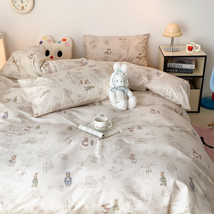 91家纺网 家纺一手货源 找家纺 昔可家纺 2023新款全棉四件套-ins卡通系列 秘境小兔