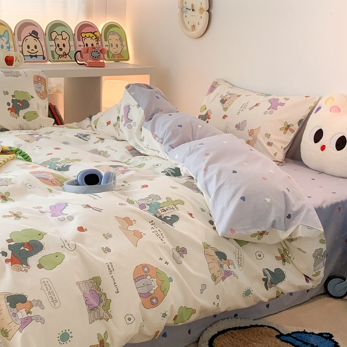 91家纺网 家纺一手货源 找家纺 昔可家纺 2023新款全棉四件套-萌趣卡通 恐龙的茶话会