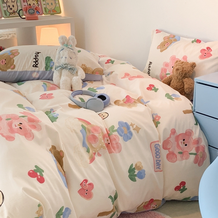 91家纺网 家纺一手货源 找家纺 昔可家纺 2023新款全棉四件套-ins卡通系列 油画熊