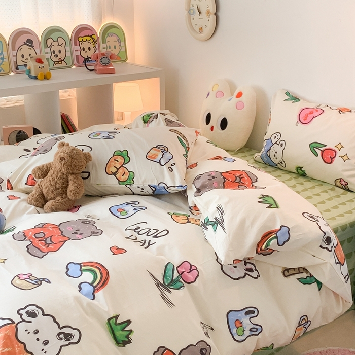 91家纺网 家纺一手货源 找家纺 昔可家纺 2023新款全棉四件套-ins卡通系列 彩虹熊