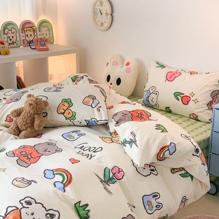 91家纺网 家纺一手货源 找家纺 昔可家纺 2023新款全棉四件套-ins卡通系列 彩虹熊
