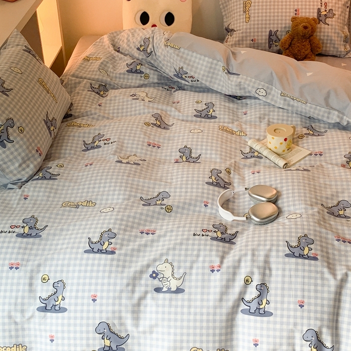 91家纺网 家纺一手货源 找家纺 昔可家纺 2023新款全棉四件套-萌趣卡通 蓝格恐龙