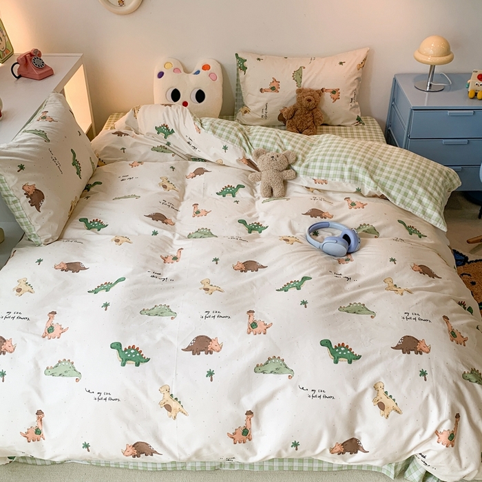 91家纺网 家纺一手货源 找家纺 昔可家纺 2023新款全棉四件套-萌趣卡通 绿格恐龙