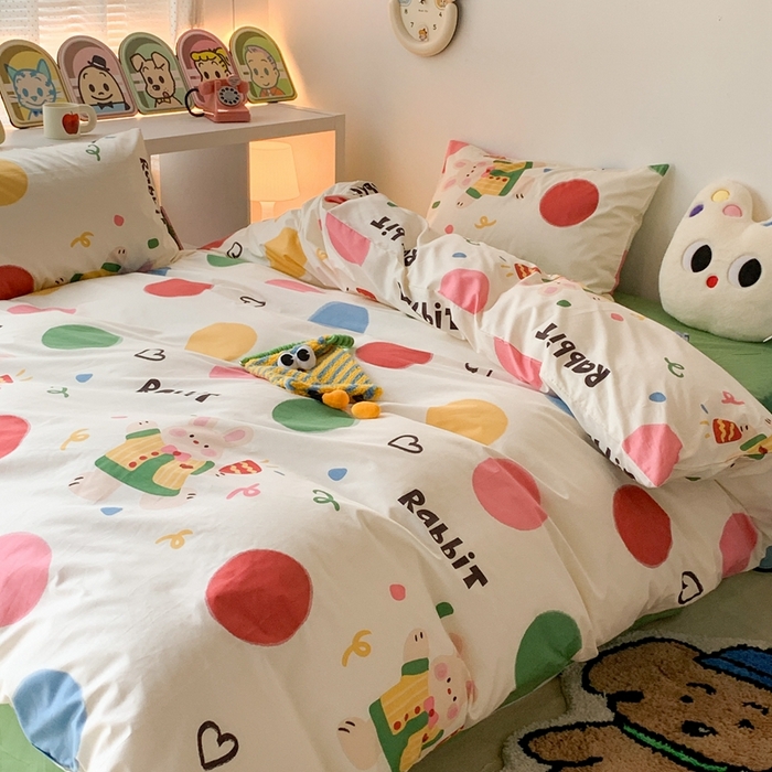 91家纺网 家纺一手货源 找家纺 昔可家纺 2023新款全棉四件套-潮趣系列 彩色波点兔