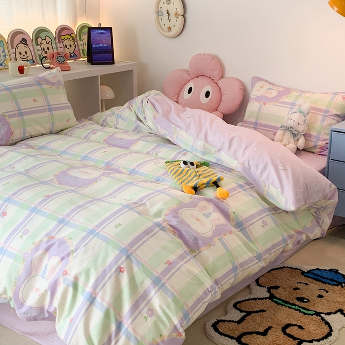 91家纺网 家纺一手货源 找家纺 昔可家纺 2023新款全棉四件套-ins卡通系列 芋泥紫格兔