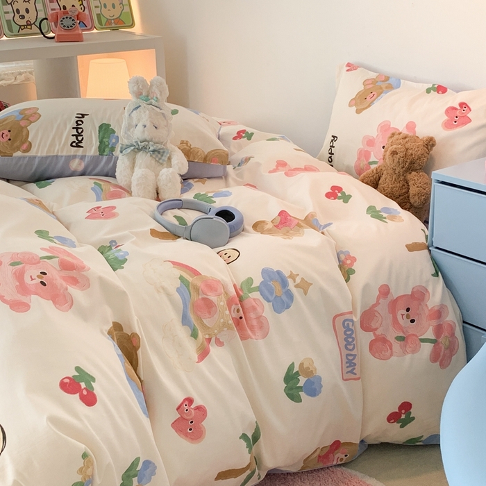 91家纺网 家纺一手货源 找家纺 昔可家纺 2023新款全棉四件套-ins卡通系列 油画熊