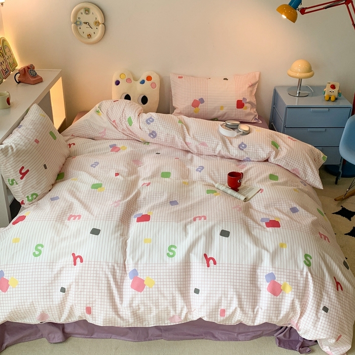 91家纺网 家纺一手货源 找家纺 昔可家纺 2023新款全棉四件套-潮趣系列 彩格字母