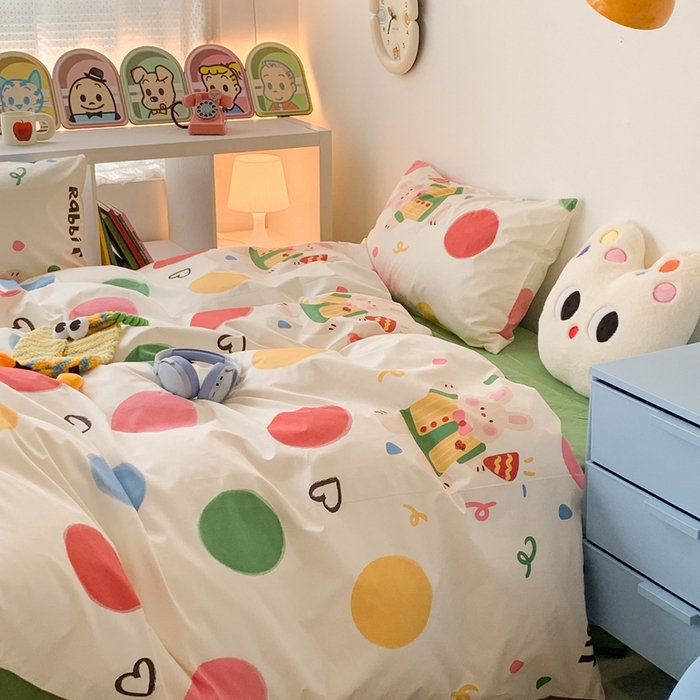 91家纺网 家纺一手货源 找家纺 昔可家纺 2023新款全棉四件套-潮趣系列 彩色波点兔