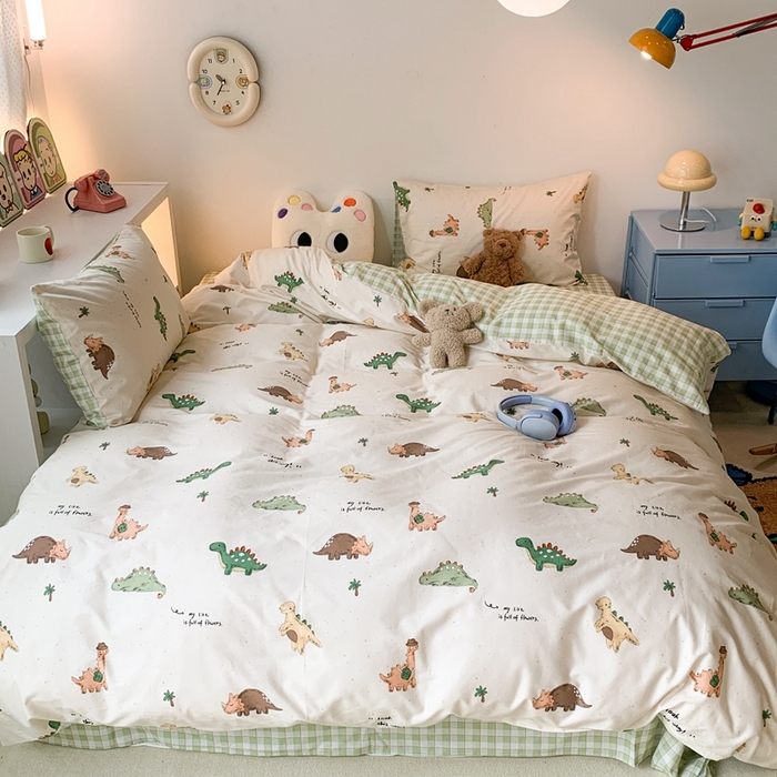 91家纺网 家纺一手货源 找家纺 昔可家纺 2023新款全棉四件套-萌趣卡通 绿格恐龙