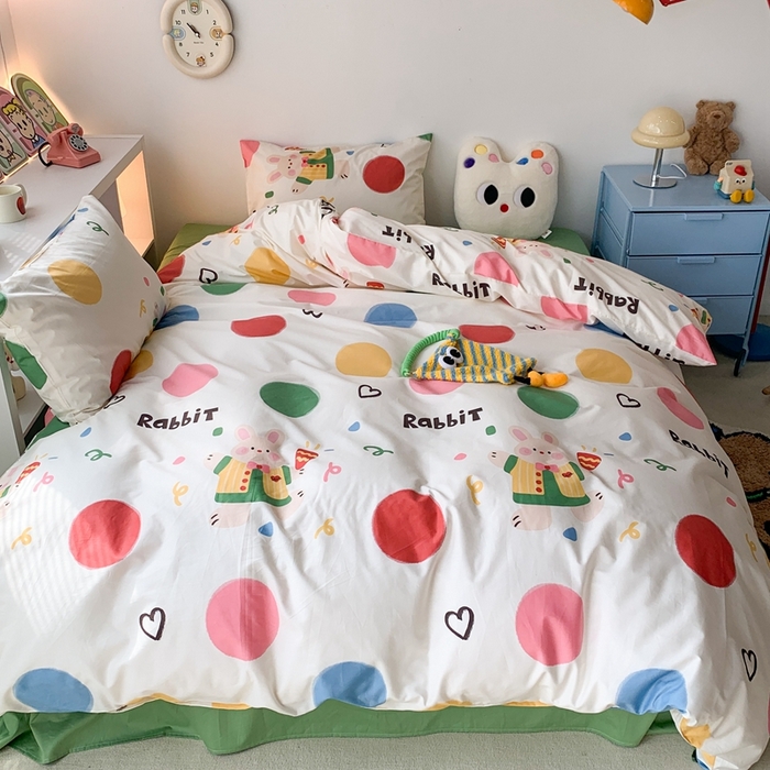 91家纺网 家纺一手货源 找家纺 昔可家纺 2023新款全棉四件套-潮趣系列 彩色波点兔