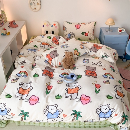 昔可家纺 2023新款全棉四件套-ins卡通系列 彩虹熊