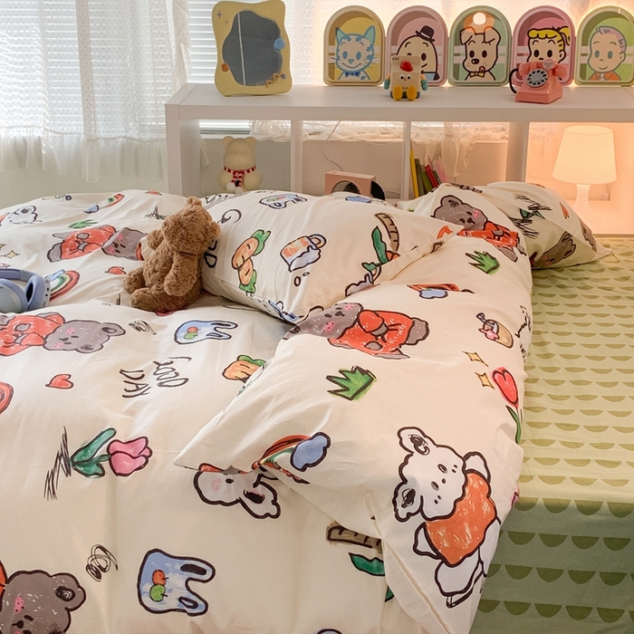 91家纺网 家纺一手货源 找家纺 昔可家纺 2023新款全棉四件套-ins卡通系列 彩虹熊
