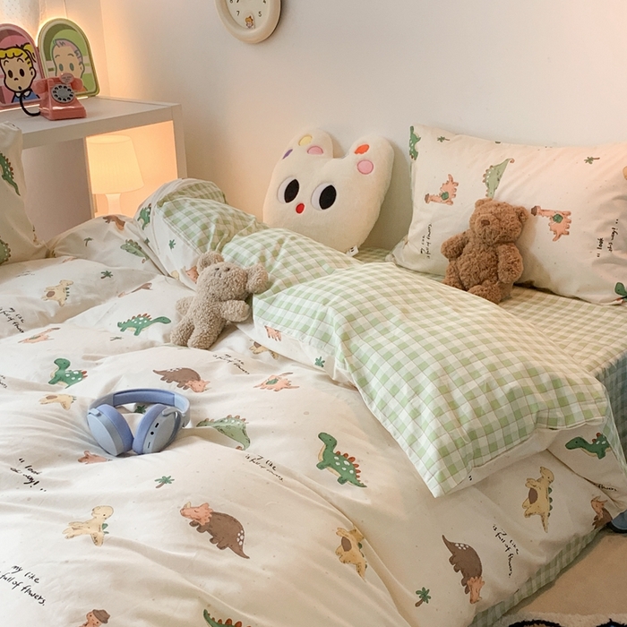 91家纺网 家纺一手货源 找家纺 昔可家纺 2023新款全棉四件套-萌趣卡通 绿格恐龙