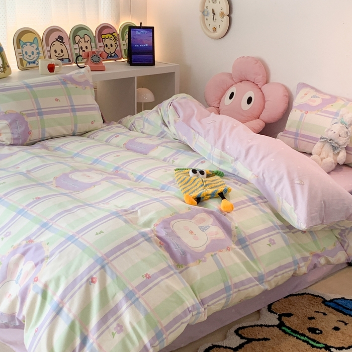 91家纺网 家纺一手货源 找家纺 昔可家纺 2023新款全棉四件套-ins卡通系列 芋泥紫格兔