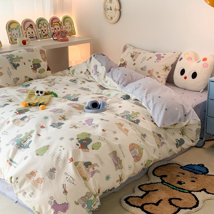 91家纺网 家纺一手货源 找家纺 昔可家纺 2023新款全棉四件套-萌趣卡通 恐龙的茶话会