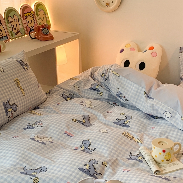 91家纺网 家纺一手货源 找家纺 昔可家纺 2023新款全棉四件套-萌趣卡通 蓝格恐龙