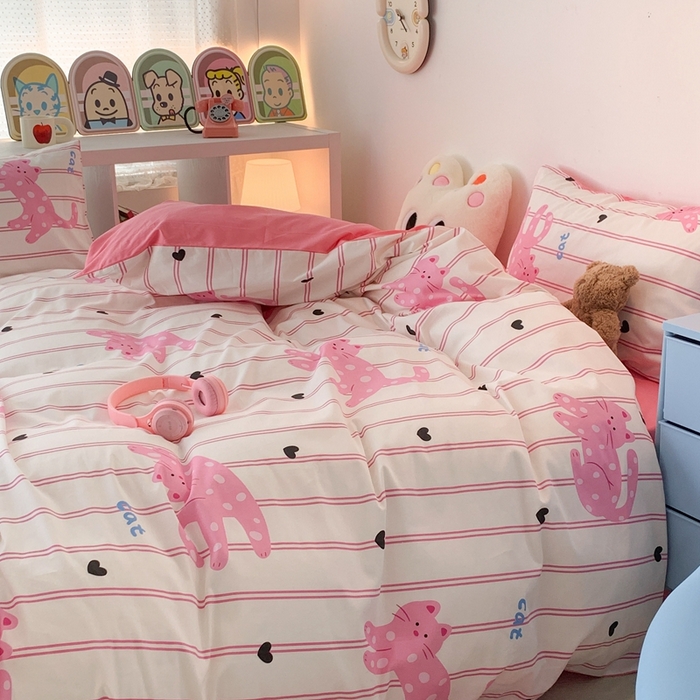 91家纺网 家纺一手货源 找家纺 昔可家纺 2023新款全棉四件套-潮趣系列 粉条爱心猫