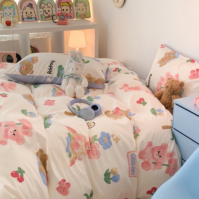 91家纺网 家纺一手货源 找家纺 昔可家纺 2023新款全棉四件套-ins卡通系列 油画熊