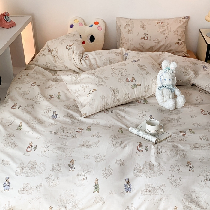 91家纺网 家纺一手货源 找家纺 昔可家纺 2023新款全棉四件套-ins卡通系列 秘境小兔