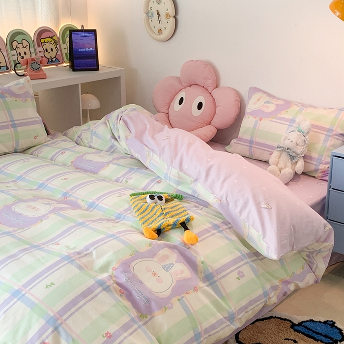 91家纺网 家纺一手货源 找家纺 昔可家纺 2023新款全棉四件套-ins卡通系列 芋泥紫格兔