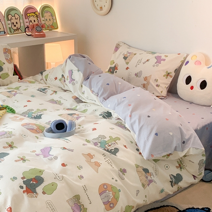 91家纺网 家纺一手货源 找家纺 昔可家纺 2023新款全棉四件套-萌趣卡通 恐龙的茶话会
