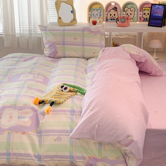 91家纺网 家纺一手货源 找家纺 昔可家纺 2023新款全棉四件套-ins卡通系列 芋泥紫格兔