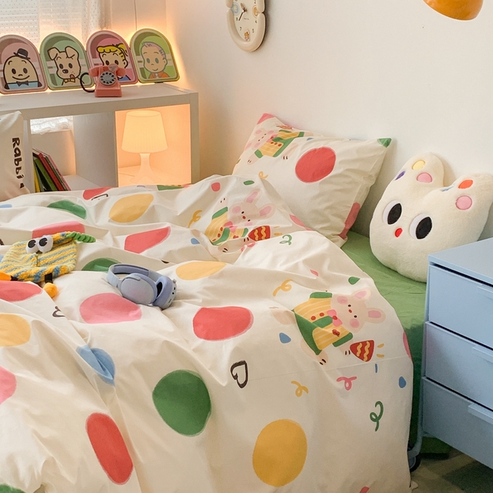 91家纺网 家纺一手货源 找家纺 昔可家纺 2023新款全棉四件套-潮趣系列 彩色波点兔