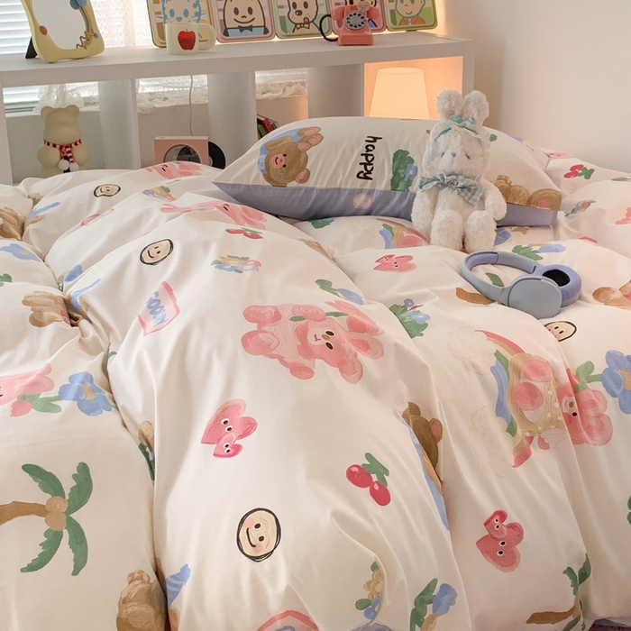 91家纺网 家纺一手货源 找家纺 昔可家纺 2023新款全棉四件套-ins卡通系列 油画熊