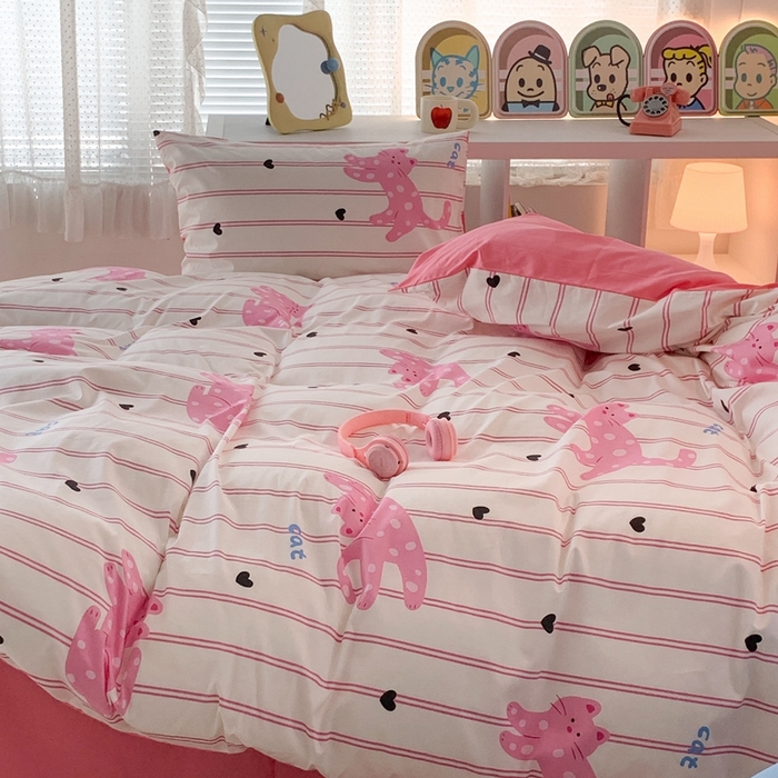 91家纺网 家纺一手货源 找家纺 昔可家纺 2023新款全棉四件套-潮趣系列 粉条爱心猫