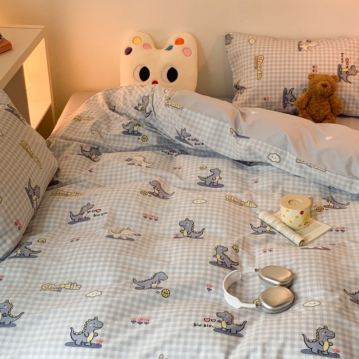 91家纺网 家纺一手货源 找家纺 昔可家纺 2023新款全棉四件套-萌趣卡通 蓝格恐龙