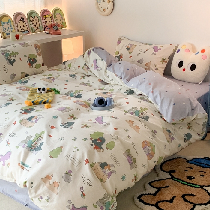 91家纺网 家纺一手货源 找家纺 昔可家纺 2023新款全棉四件套-萌趣卡通 恐龙的茶话会